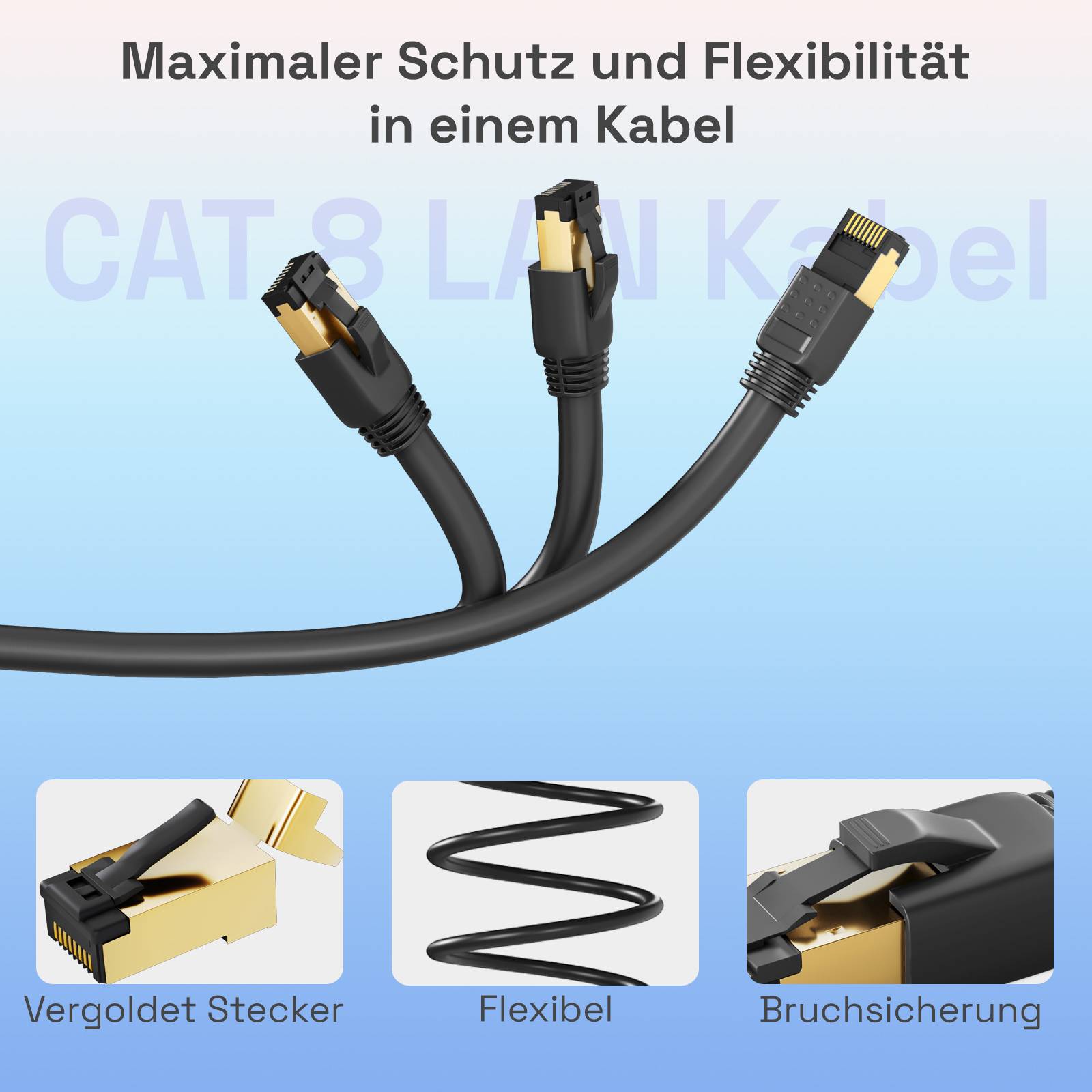 Grafik eines CAT 8 LAN-Kabels mit drei vergoldeten Steckern, wobei maximaler Schutz und Flexibilität hervorgehoben werden; Etikett-Beschriftungen: 'Vergoldete Stecker', 'Flexibel', 'Bruchsicherung'.
