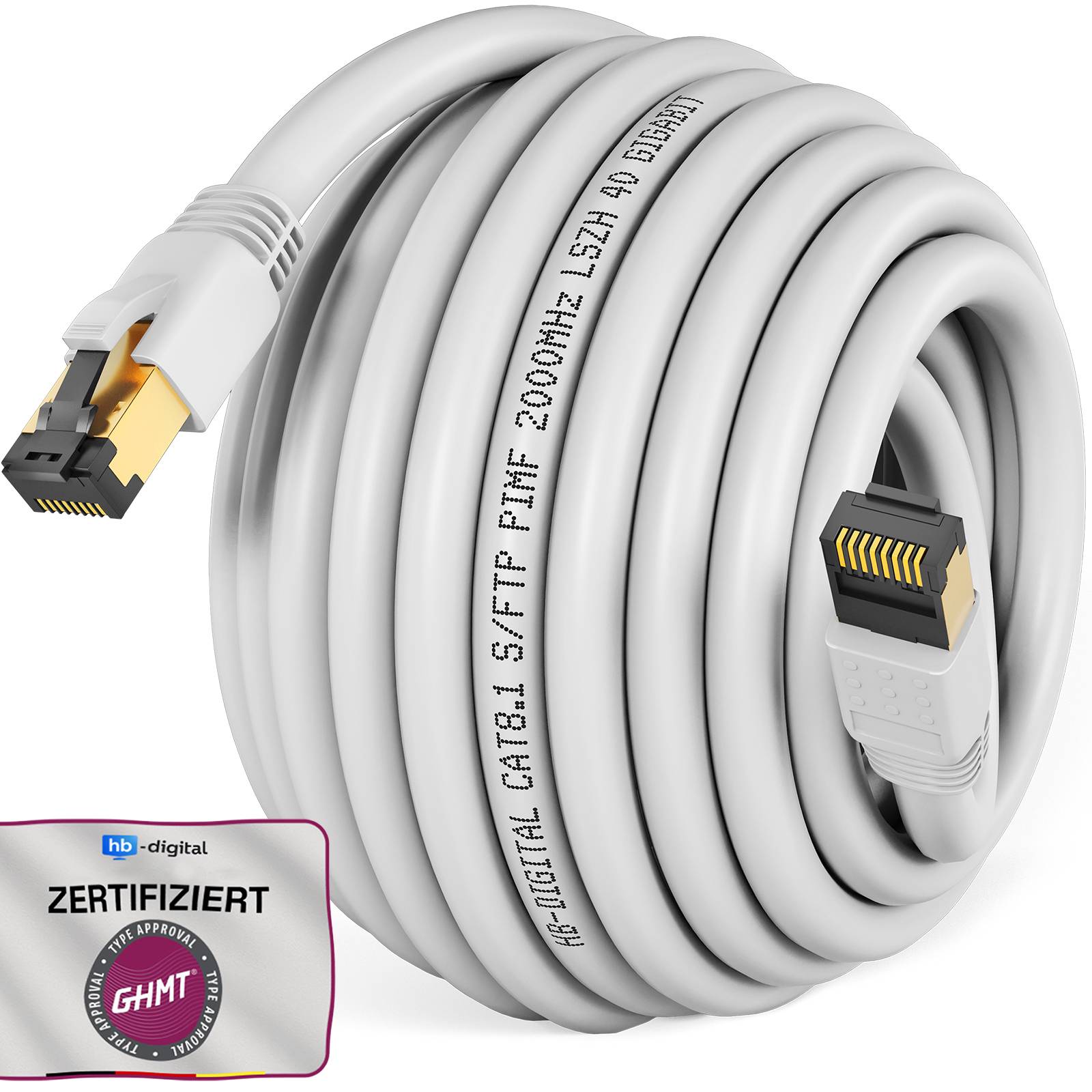 Aufgerolltes weißes Ethernet-Netzwerkkabel mit RJ45-Steckern, gekennzeichnet mit CAT8.1 S/FTP, 2000 MHz, 2,5 GHz, in einem zertifizierten Produktbild.