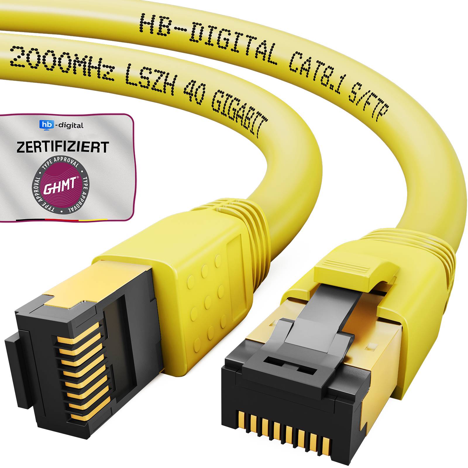 Gelbes 2.000-MHz-Cat.7-Netzwerkkabel mit RJ45-Steckern, beschriftet mit „HB-DIGITAL CAT.7 S/FTP