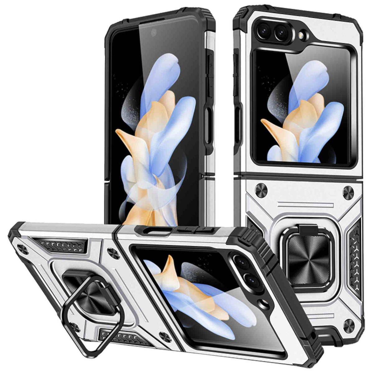 Für Samsung Galaxy Z Flip5 5G Armor Magnet Ring Cover Handy Hülle Case Silber