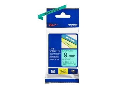 Brother P-touch 9mm schwarze auf grünem laminiertem Bandeinsatz-Verpackung, kompatibel mit TZe-Beschriftungsdruckern.