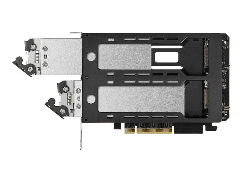 Dual-Slot-PCIe-Erweiterungskarte mit zwei großen silbernen Kühlkörpern und schwarzer Verkleidung, gezeigt vor weißem Hintergrund, wahrscheinlich eine Grafikkarte.