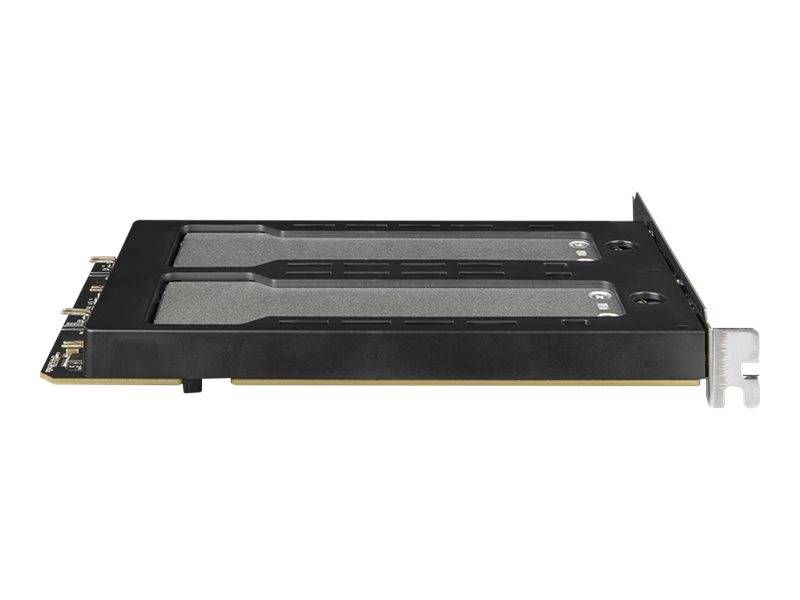 Dual-Slot-PCIe-Erweiterungskarte mit zwei langen Metallabdeckungsplatten und einer hinteren Halterung, dargestellt auf weißem Hintergrund.
