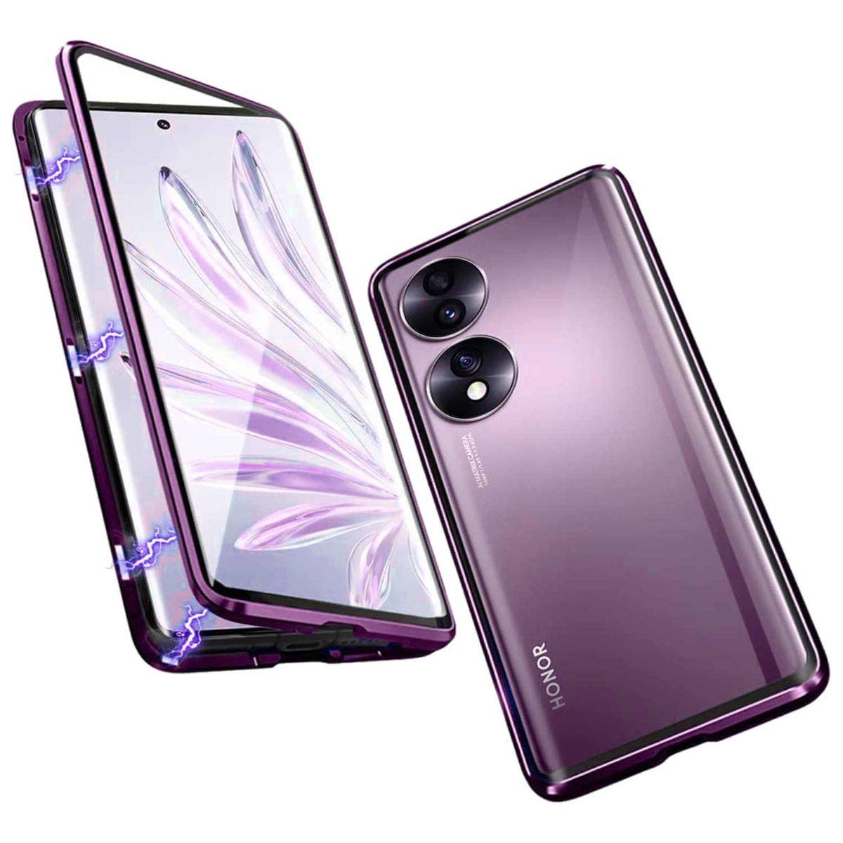 Für Honor 90 Beidseitiger 360 Grad Magnet Glas Hülle Handy Tasche Bumper Lila
