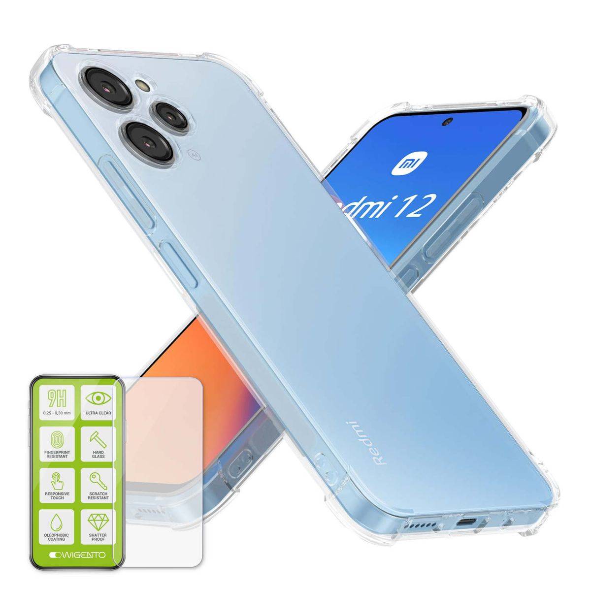 Für Xiaomi Redmi 12 Schock Silikoncase TPU Transparent + 0,26 H9 Glas Handy Tasche Hülle Schutz Cover