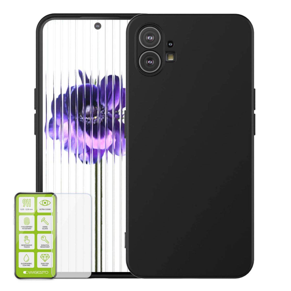 Für Nothing Phone 2 Silikoncase TPU Schwarz + 0,26 H9 Glas Handy Tasche Hülle Schutz Cover