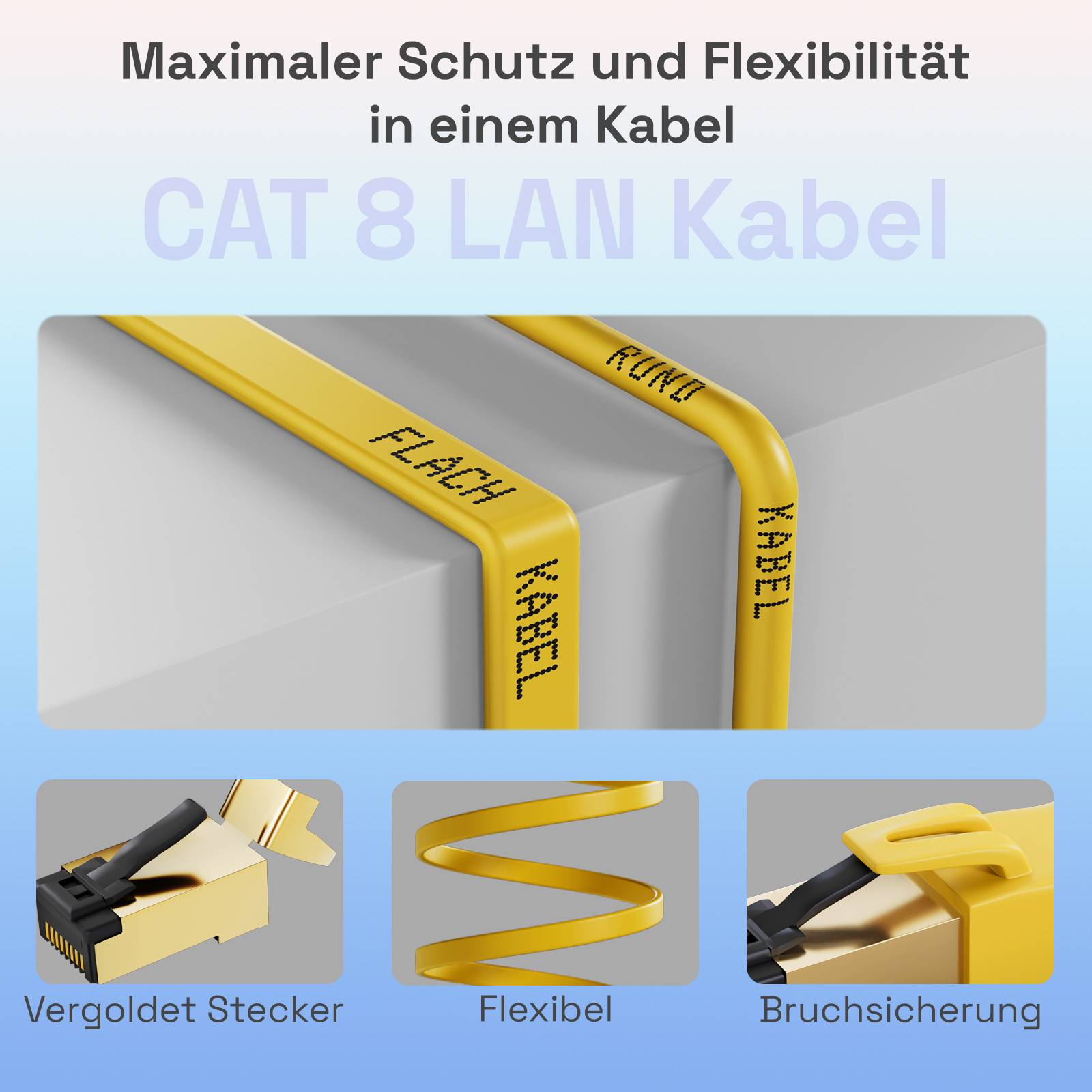 hb-digital Patch Kabel flach 10m CAT 8.1 RJ45 Netzwerkkabel U/FTP LSZH 2000 MHz Reines Kupfer gelb