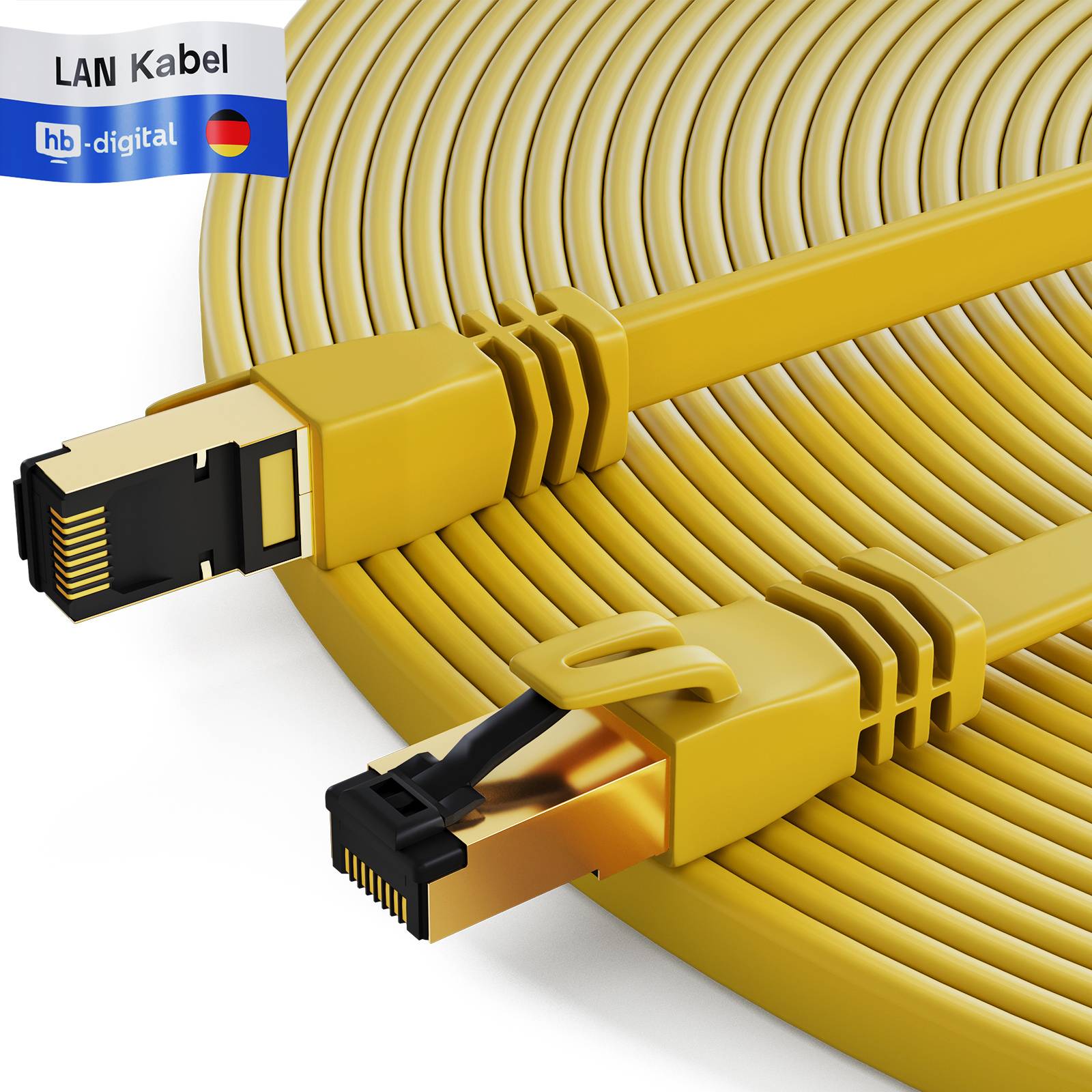 hb-digital CAT 8.1 Patchkabel flach 1.5 m RJ45 LAN Kabel U/FTP 2000 MHz 40 Gbit/s Kupfer LSZH gelb