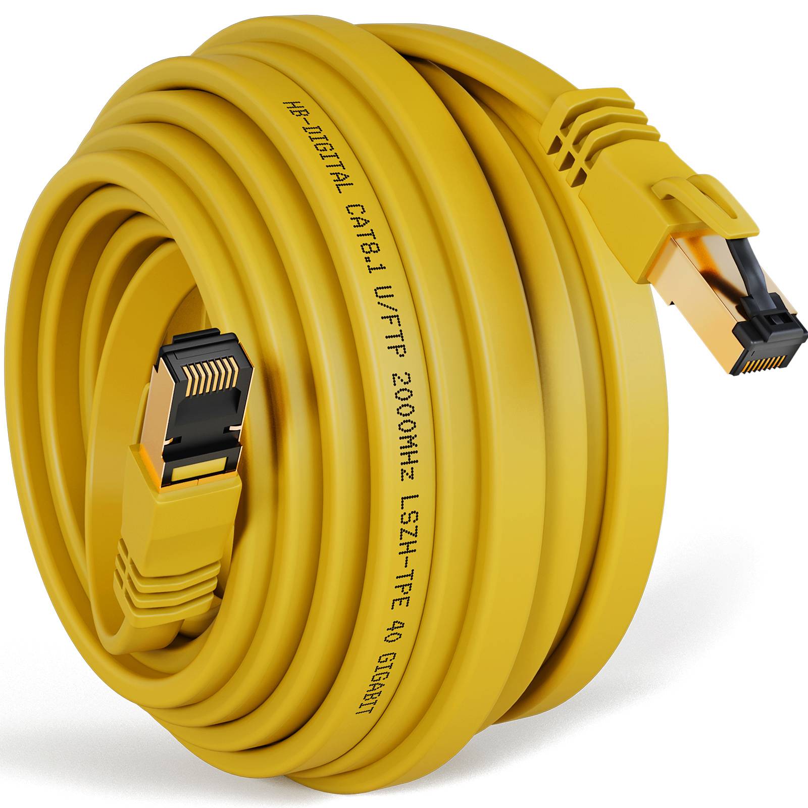 hb-digital CAT 8.1 Patchkabel flach 15 m RJ45 LAN Kabel U/FTP 2000 MHz 40 Gbit/s Kupfer LSZH gelb
