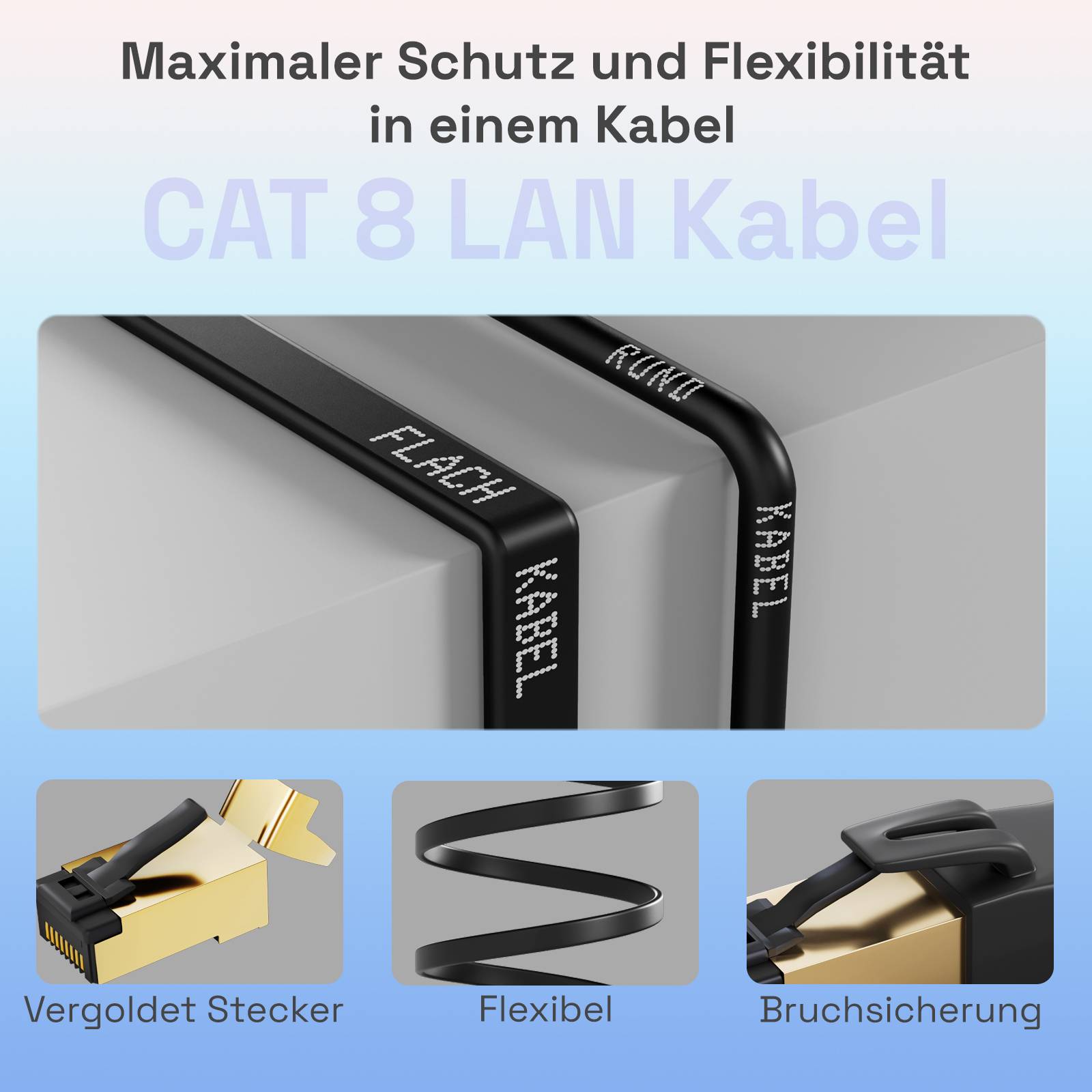 hb-digital Netzwerkkabel flach CAT 8.1 RJ45 LAN Kabel 1m U/FTP 2000 MHz 40 Gbit/s Kupfer LSZH schwarz