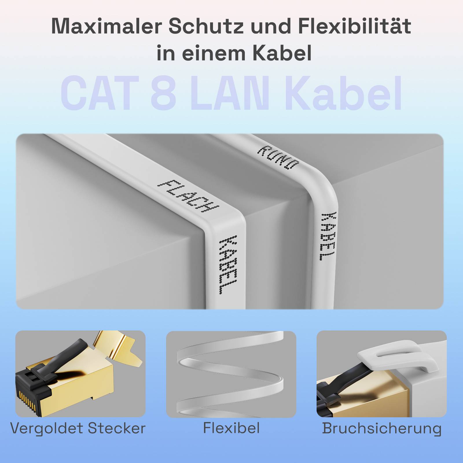 hb-digital CAT 8.1 Netzwerkkabel flach 1m RJ45 LAN Kabel U/FTP 2000 MHz Reines Kupfer LSZH weiß