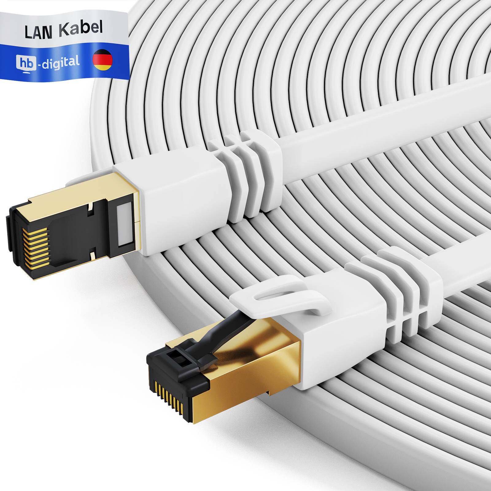 hb-digital Patchkabel flach 3m CAT 8.1 RJ45 LAN Kabel U/FTP LSZH 2000 MHz Reines Kupfer weiß