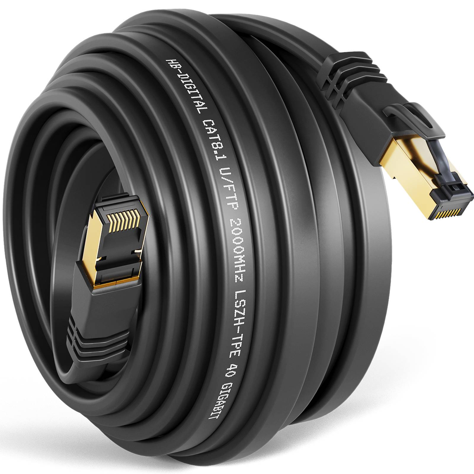 hb-digital 10m CAT 8.1 Netzwerkkabel flach RJ45 Patch LAN Kabel U/FTP LSZH 2000 MHz Reines Kupfer schwarz