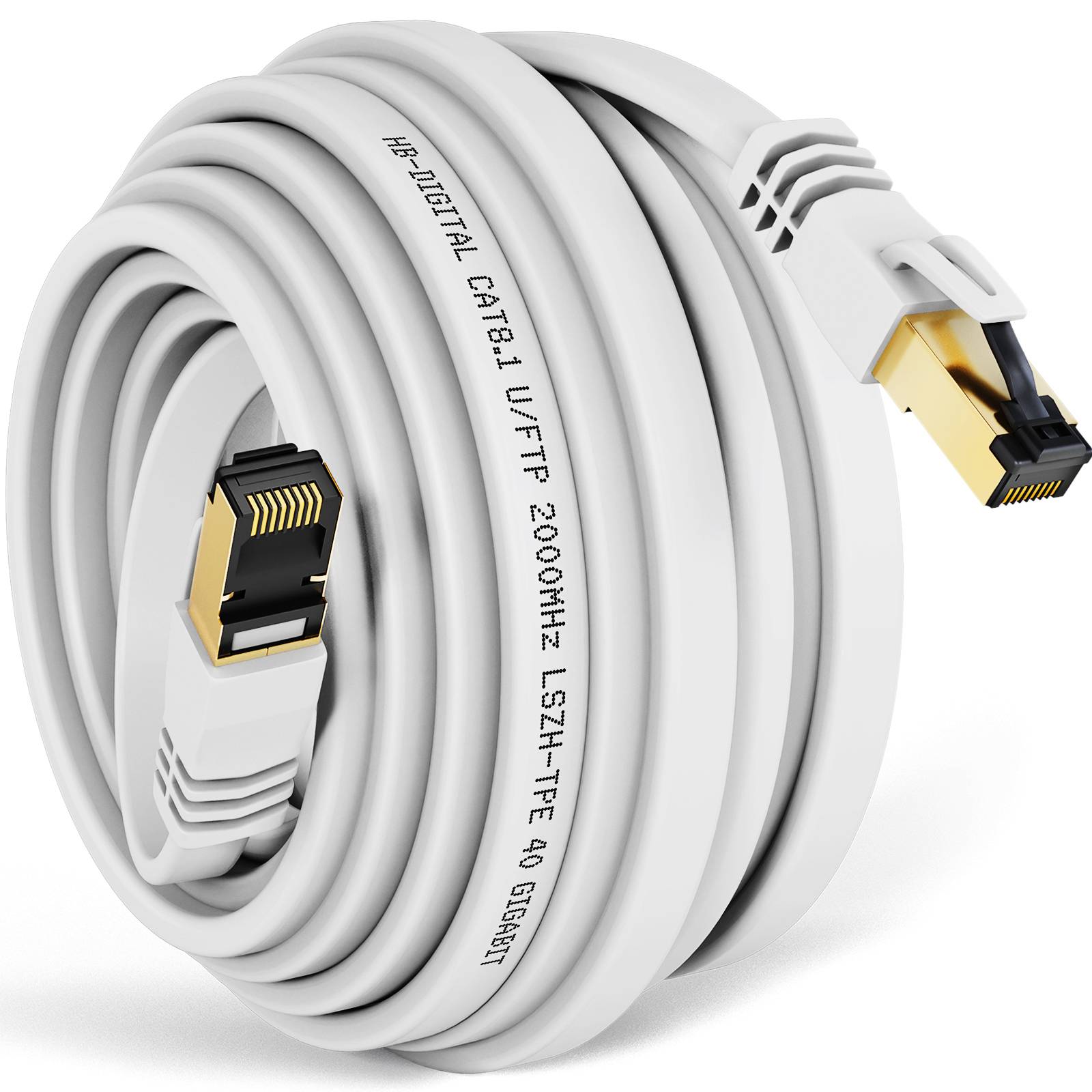 hb-digital CAT 8.1 Netzwerkkabel flach 15m RJ45 LAN Kabel U/FTP 2000 MHz Reines Kupfer LSZH weiß