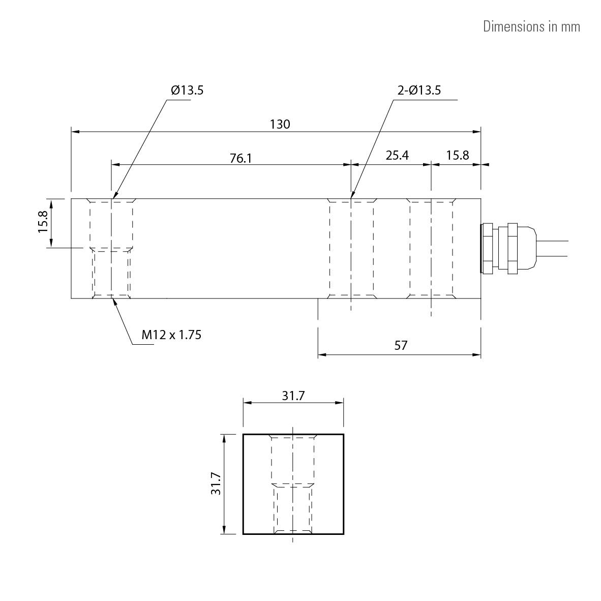 CAS BSS einseitige Stabwägezelle, IP68, eichfähig (OIML C3), 500kg (max), 130x32x32 mm, 15V (max)