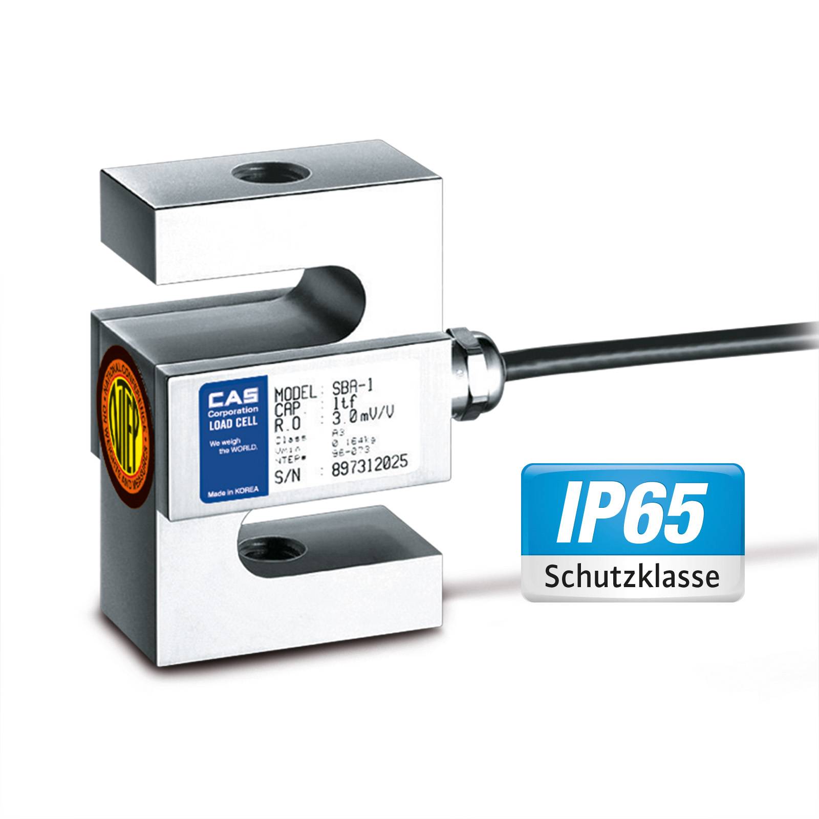 CAS SBA Zugkraft-Wägezelle, Edelstahl, IP65, eichfähig (OIML C3), 500kg (max), 51x27x76 mm, 15V (max)