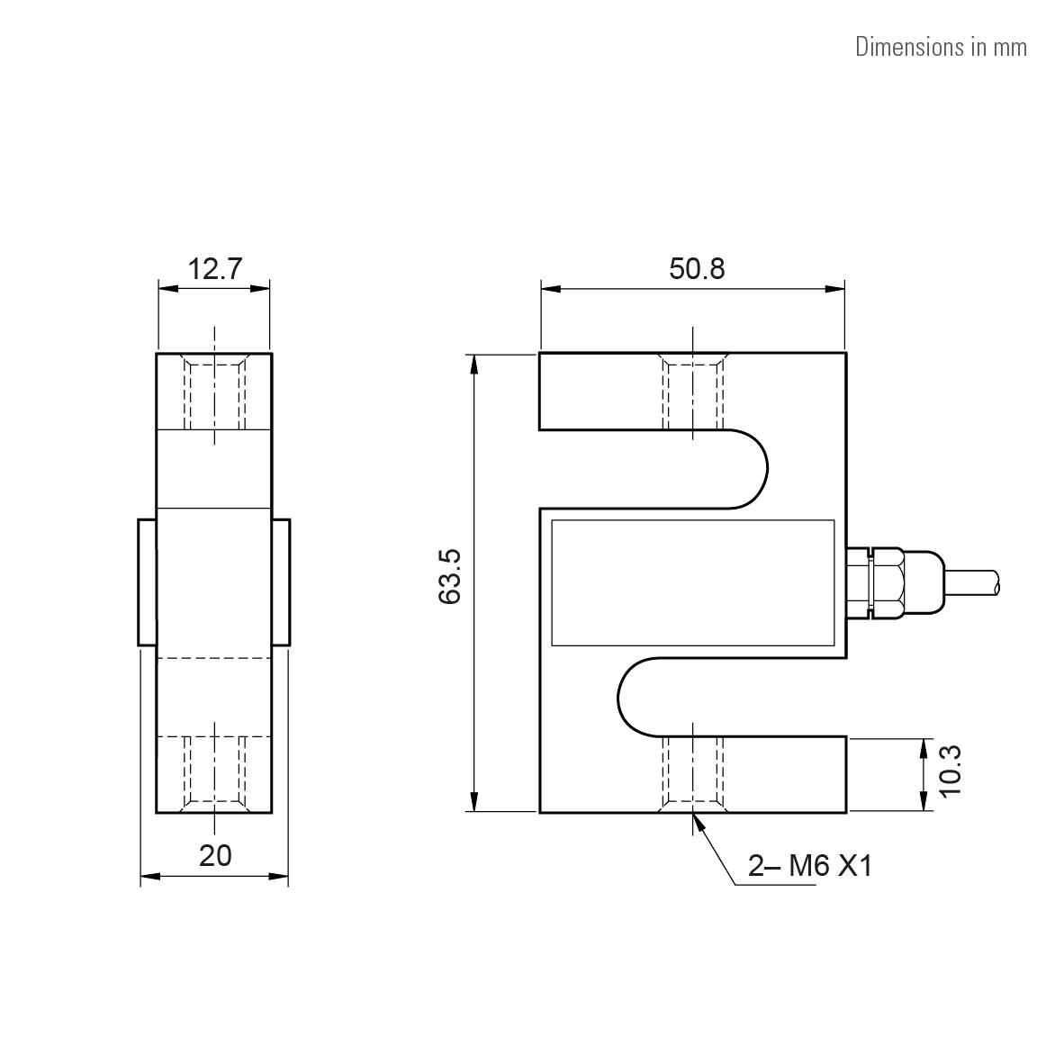 CAS SBA Zugkraft-Wägezelle, Edelstahl, IP65, eichfähig (OIML C3), 50kg (max), 50,8x20x63,5 mm, 15V (max)