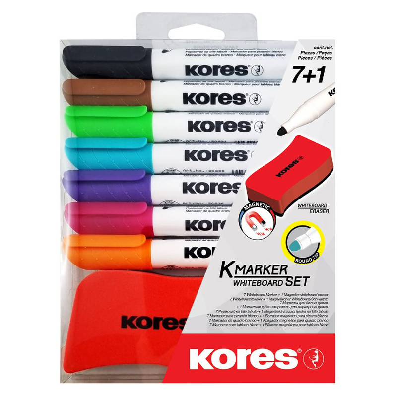 Packung mit Kores 7+1 Whiteboard-Markern in verschiedenen Farben mit rotem Magnetradierer.