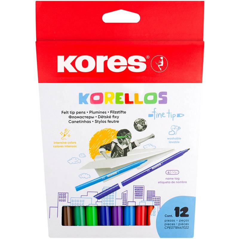Kores Korellos Filzstiftset mit feiner Spitze, zeigt 12 farblich sortierte Marker und Produktbranding.