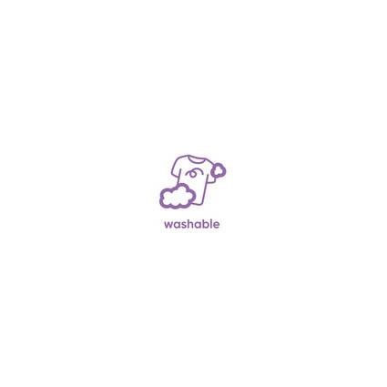 Violettes waschbares Symbol mit einem T-Shirt und einer Seifenblase, gekennzeichnet mit „waschbar