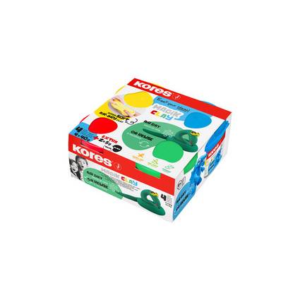 Packung mit Kores Classic Clay Modelliermasse mit vier farbigen Behältern und einem grünen schildkrötenförmigen Werkzeug auf weißem Hintergrund.