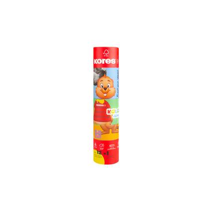Ein roter Klebestift von Kores für Kinder mit einer Comicfigur auf dem Etikett, dargestellt als Einzelstück auf weißem Hintergrund.