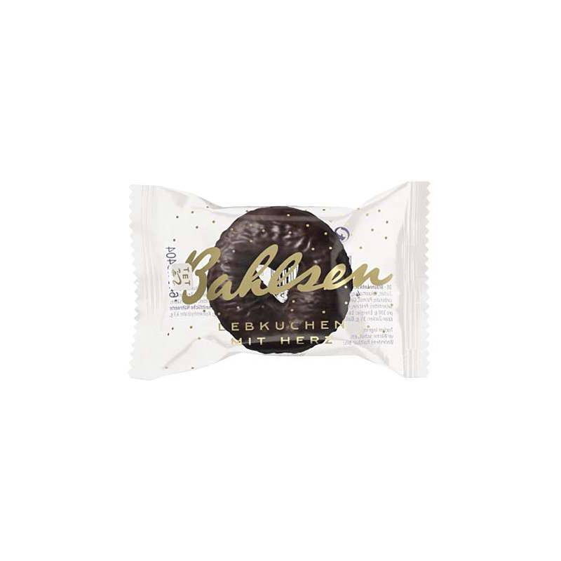 Ein verpackter Bahlsen Lebkuchen, ein mit Schokolade überzogener Pfefferkuchen, in einer durchsichtigen Verpackung, die den Markennamen und die Art der Süßware zeigt.
