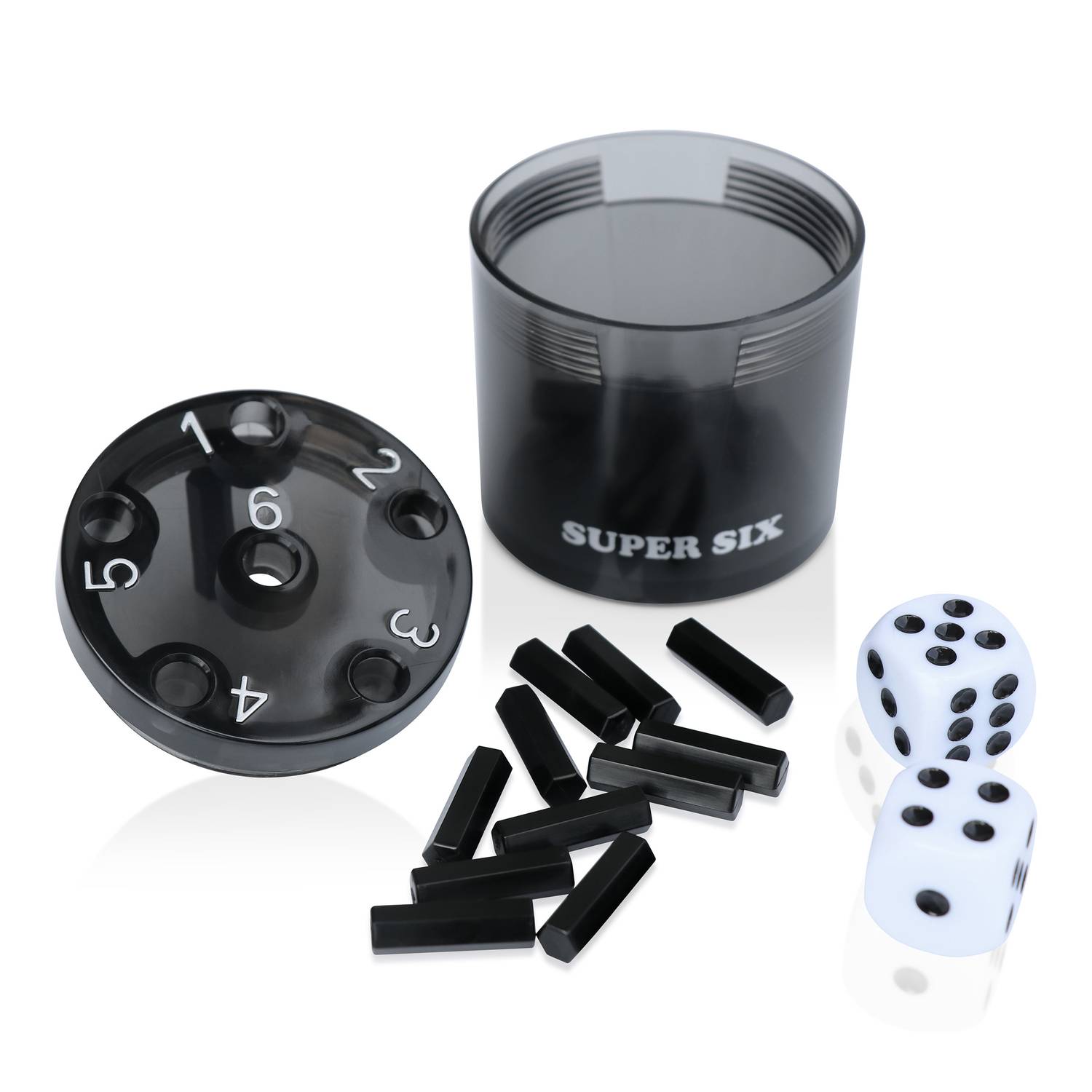 BestSaller 3013 SUPER SIX Würfelspiel ABS Kunststoff, auch für die Reise, 36 Spielstäbchen & 2 Würfel, schwarz