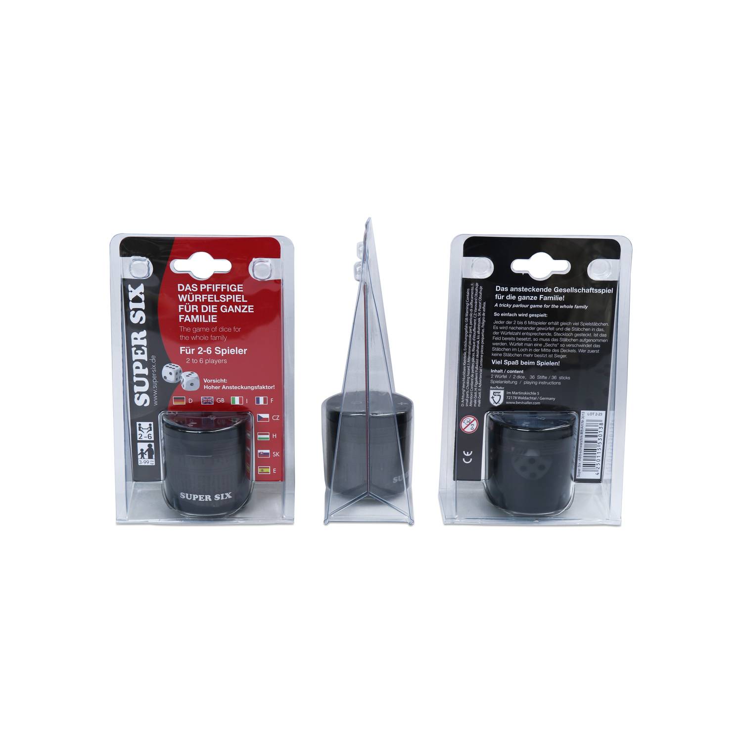 BestSaller 3013 SUPER SIX Würfelspiel ABS Kunststoff, auch für die Reise, 36 Spielstäbchen & 2 Würfel, schwarz