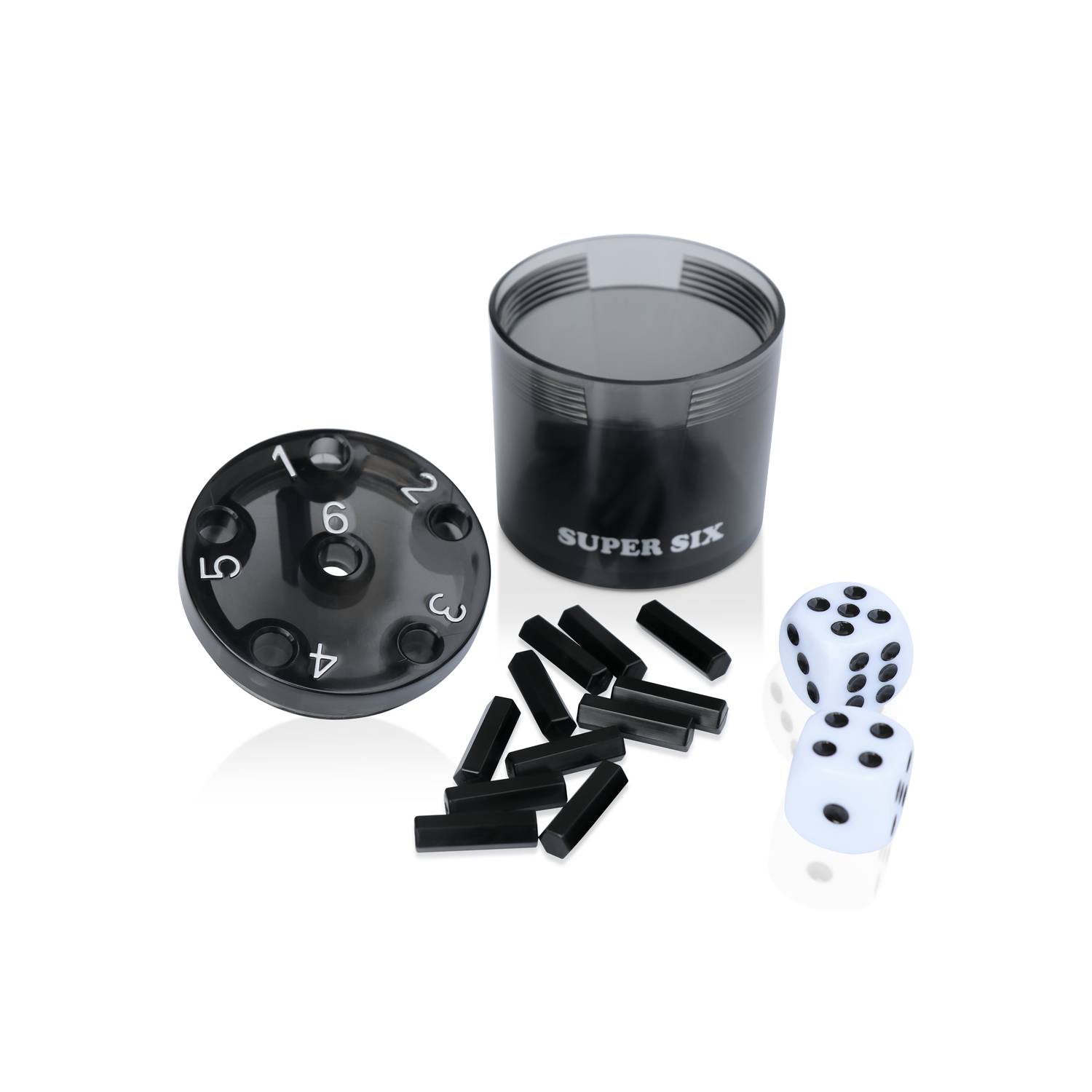 BestSaller 3013 SUPER SIX Würfelspiel ABS Kunststoff, auch für die Reise, 36 Spielstäbchen & 2 Würfel, schwarz