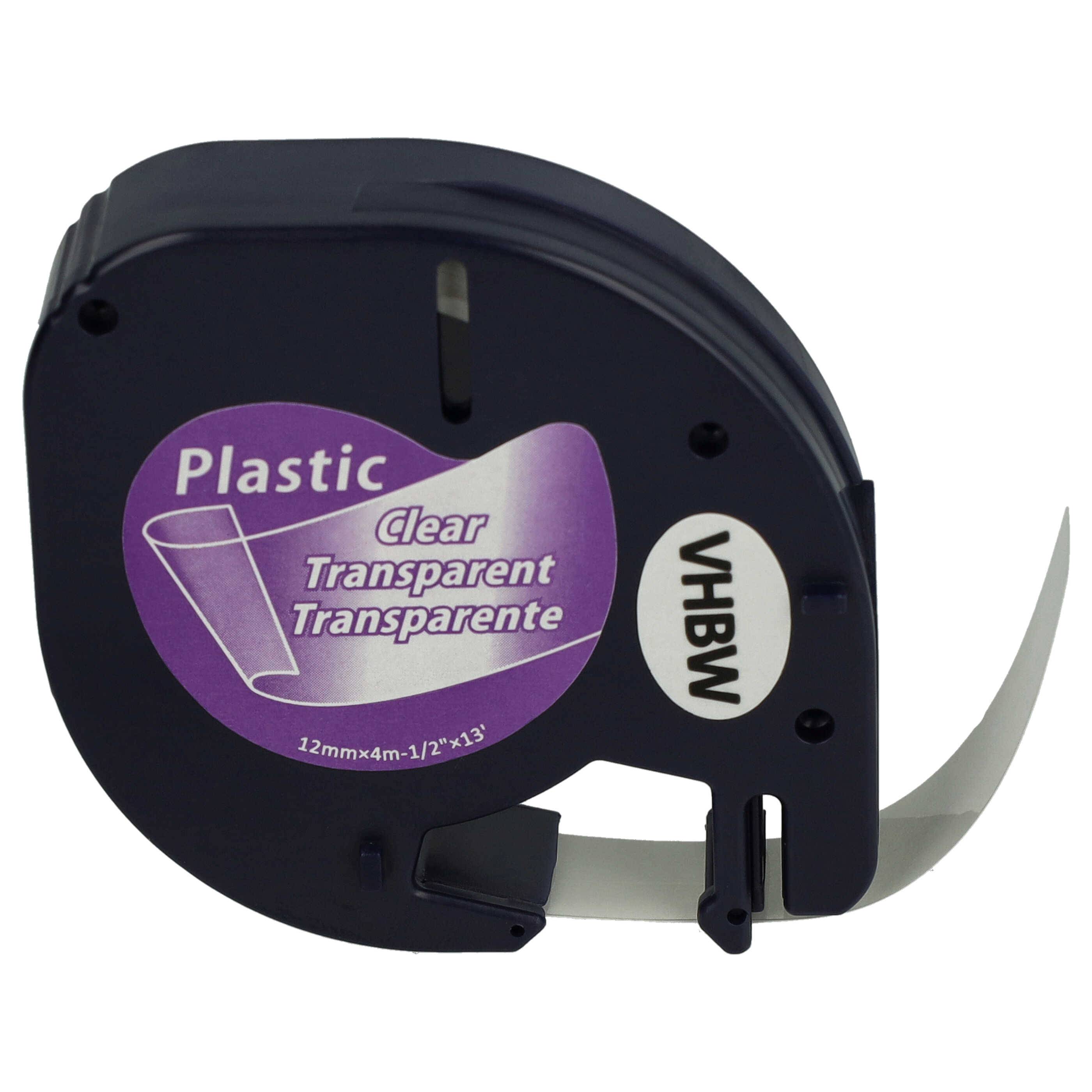 vhbw Schriftband-Kassette Plastik kompatibel mit Dymo LetraTag Plus LT-100H Etiketten-Drucker 4m x 12mm Schwarz auf Transparent, Kunststoff