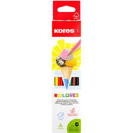 Kores Packung mit 6 farbigen Bleistiften oder Buntstiften mit Eiscreme-Kegel-Illustration auf der Schachtel.