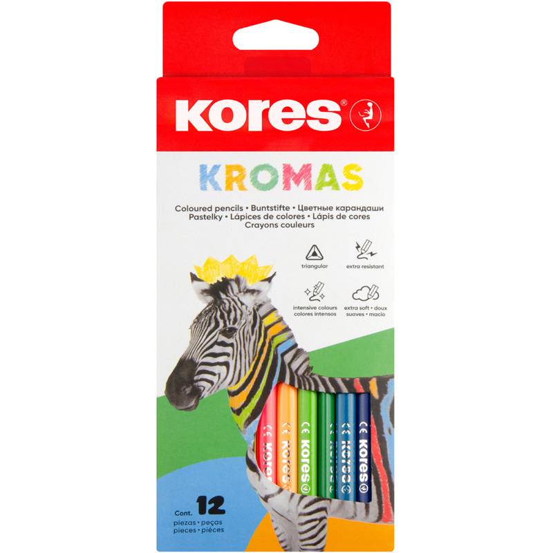 Kores Kromas 12er-Farbstiftset in einer zebramusterten Schachtel mit Darstellung der Stifte und Produktmerkmale auf der Vorderseite.