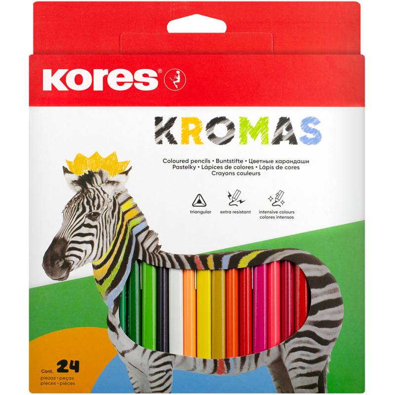 Kores Kromas Farbstiftbox mit einer Zebrazeichnung und 24 mehrfarbigen Stiften, die durch die Ausschnittöffnung der Verpackungsvorderseite sichtbar sind.