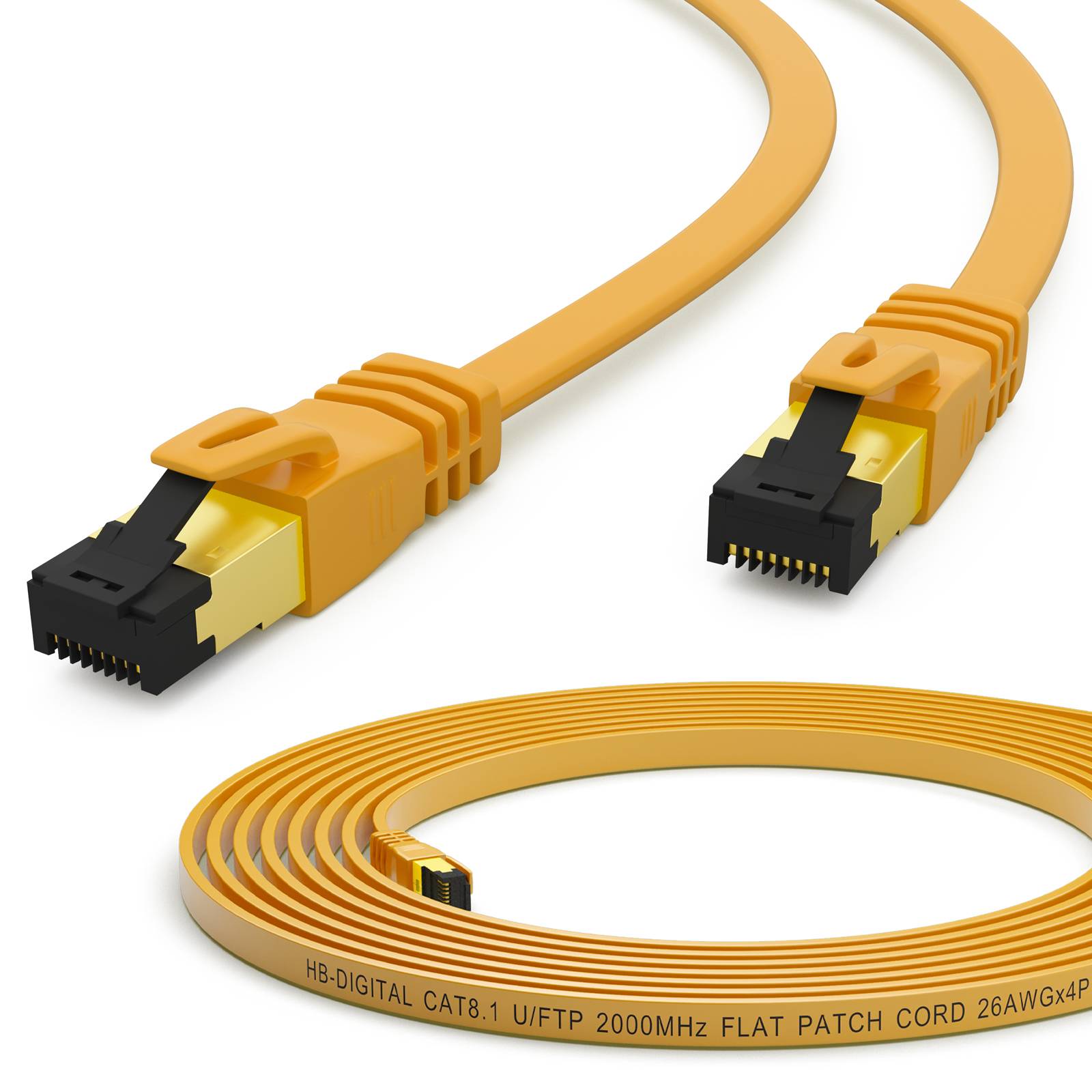 Aufgerolltes orangefarbenes Ethernet-Netzwerkkabel mit RJ45-Steckern, beschriftet als CAT.8 flaches Patchkabel, gezeigt mit einer Nahaufnahme beider Enden.