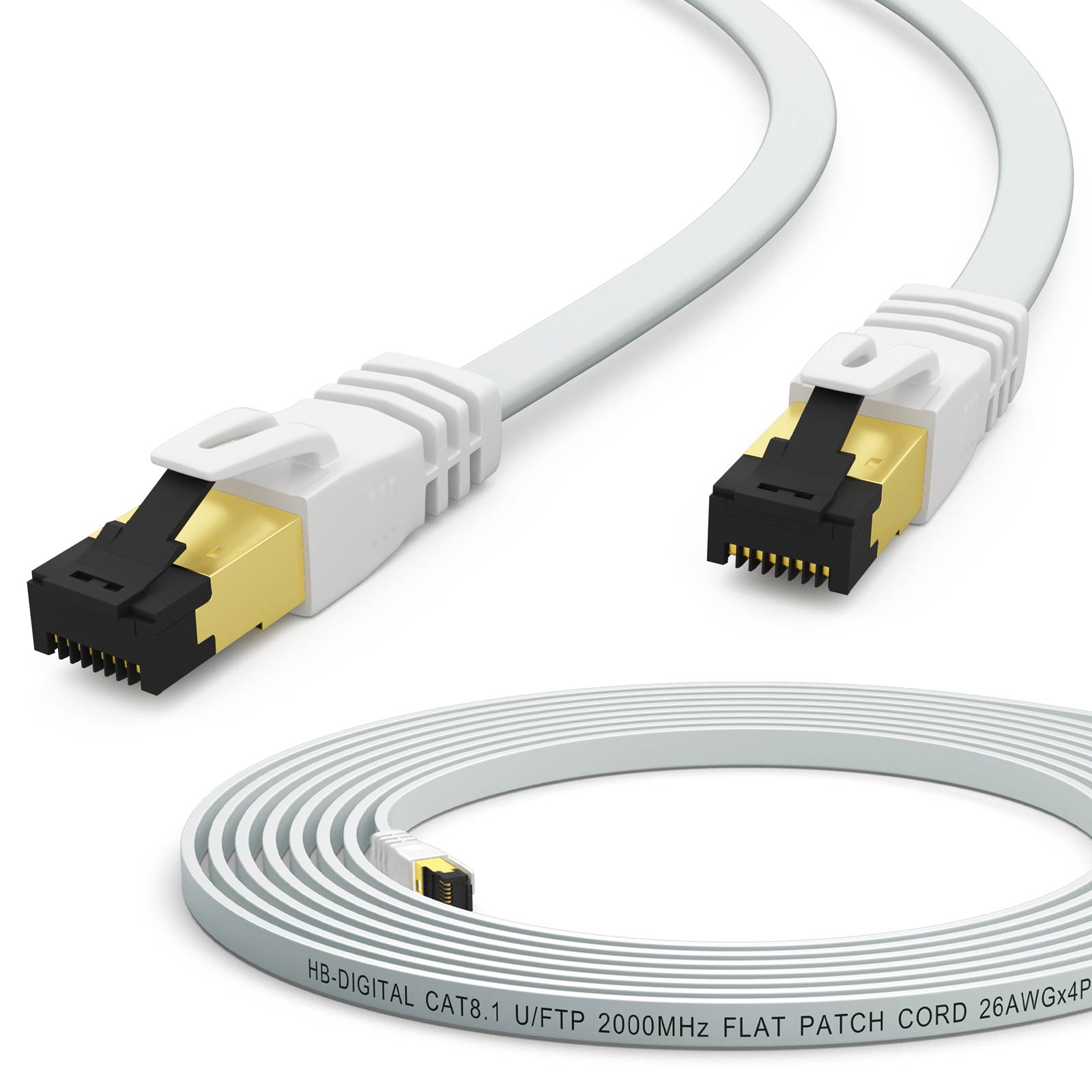Weißes, flaches Ethernet-Patchkabel mit zwei RJ45-Steckern, dargestellt als Nahaufnahme und aufgerolltes Kabel mit der Aufschrift „CAT.8.1 U/FTP 2000MHz FLAT PATCH CORD