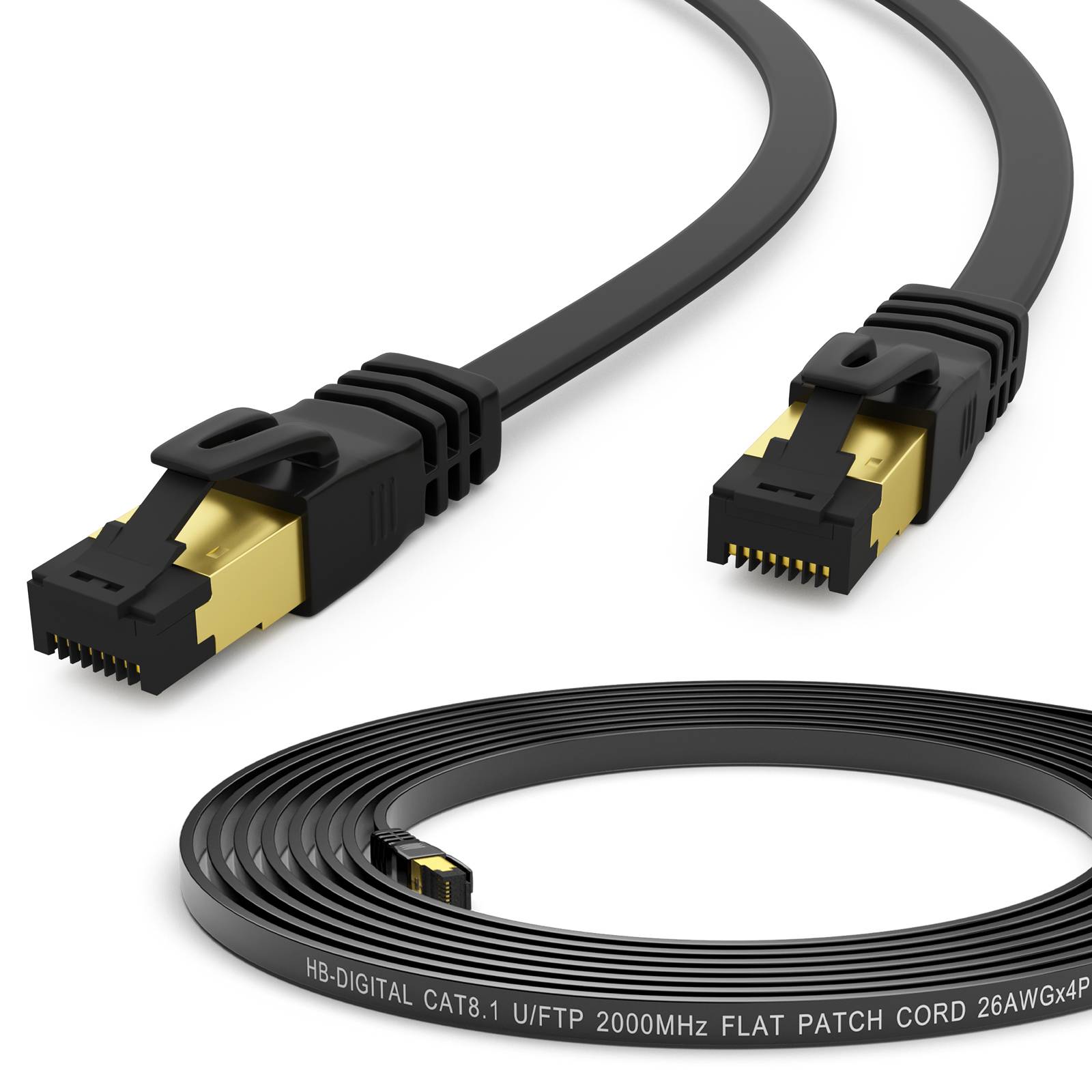 Schwarzes flaches Ethernet-Patchkabel mit vergoldeten RJ45-Steckern, aufgerollt dargestellt und mit detaillierten Enden; gekennzeichnet mit CAT.8.1 U/FTP 2000MHz.