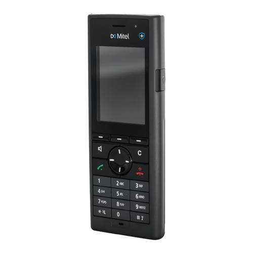 Schwarzes Mitel-Mobiltelefon frontal dargestellt, mit großem Bildschirm, Tastenfeld, Anruftasten und zentraler Navigationssteuerung.