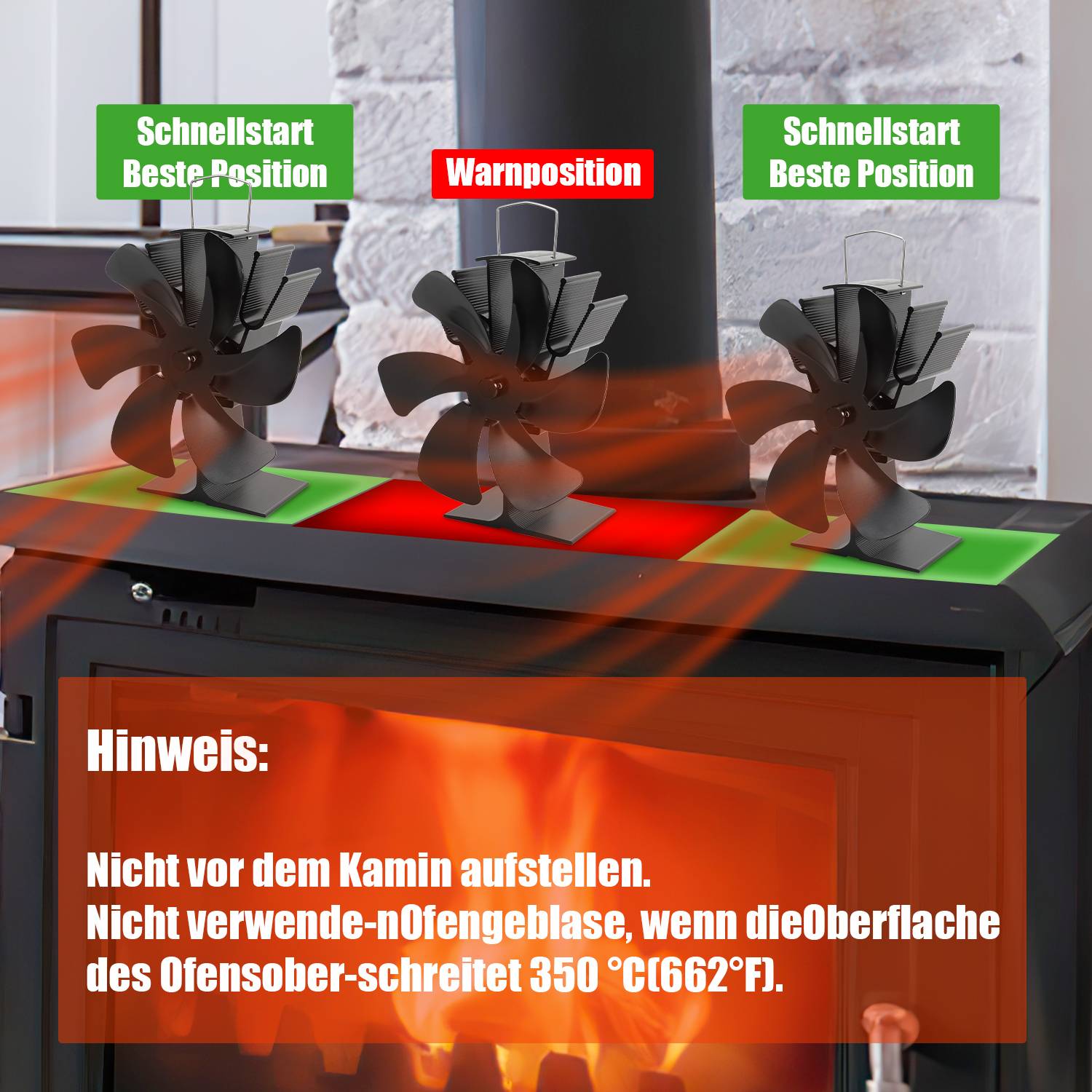 Kaminofen Ventilator 6 Blatt Gebläse für Ofen 50-350°C Kaminventilator stromlos wärmebetrieben