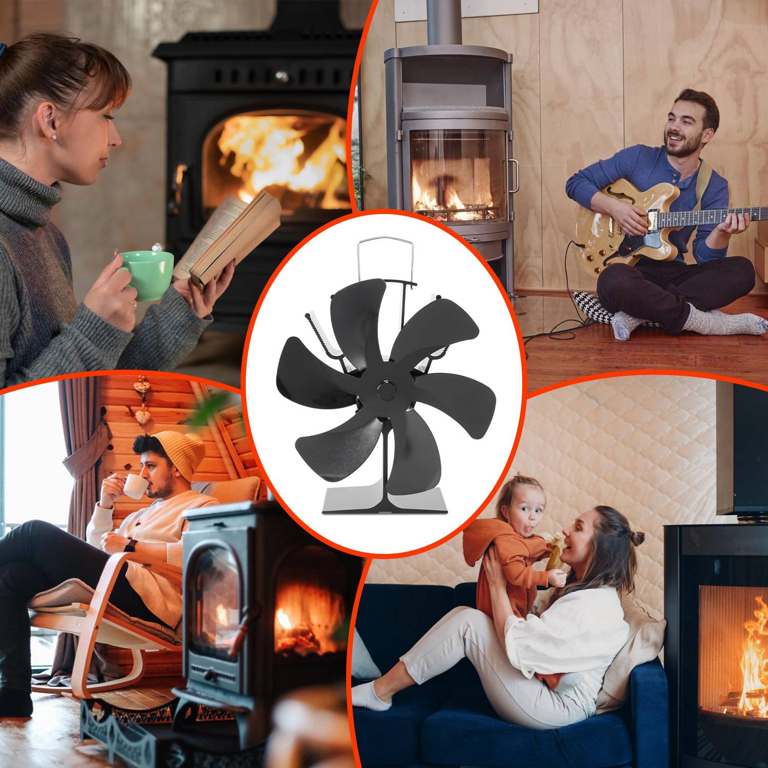 6-Blade Kaminventilator, Stromloser Ventilator für Kamin Holzöfen Öfen, Geräuscharmer Betrieb, Ventilator Ofenventilator Feuerstelle Kaminöfen f