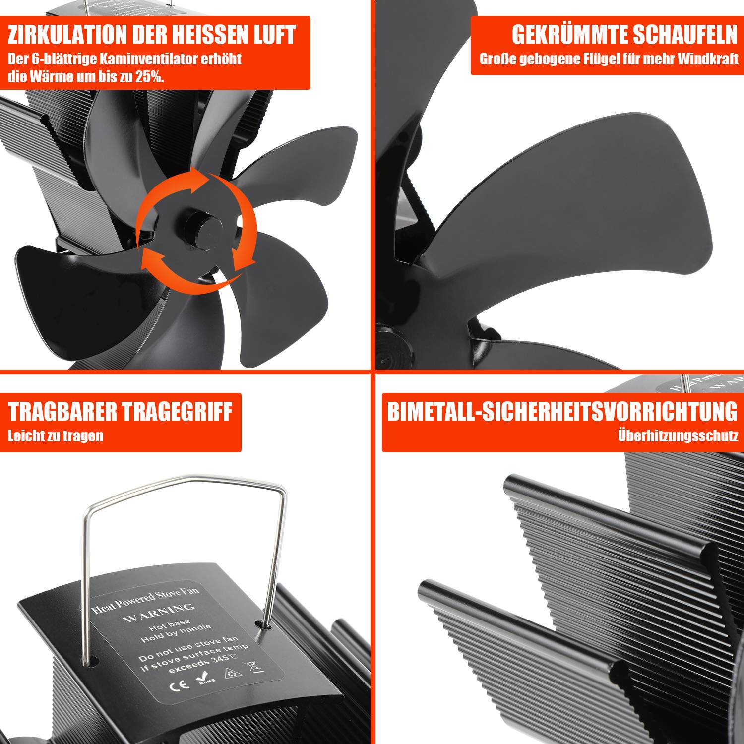 Kaminventilator, Stromloser Ventilator für Kamin Holzöfen Öfen, Geräuscharmer Betrieb, Ventilator Ofenventilator Feuerstelle Kaminöfen für Holz-