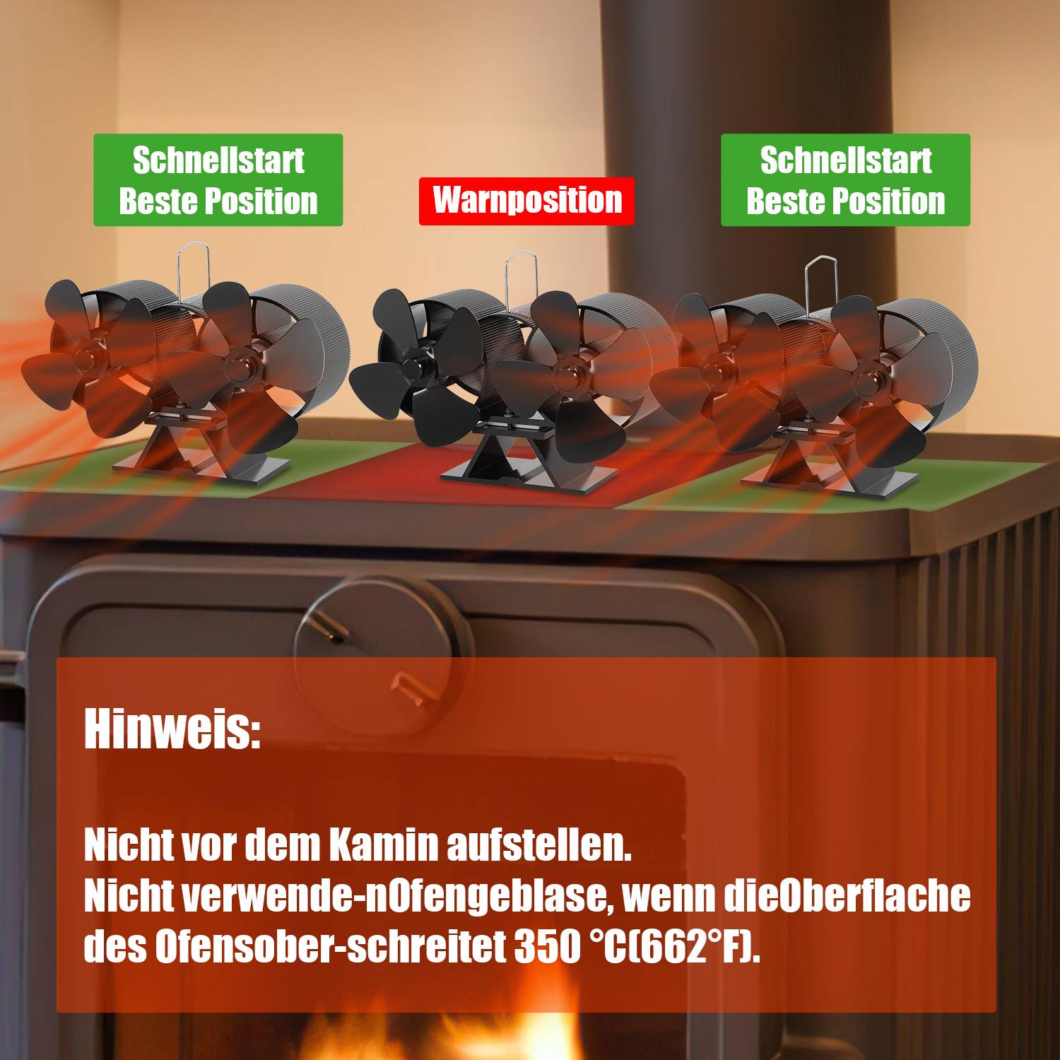 Kaminofen Ventilator 8 Flügel Gebläse für Ofen Kaminventilator stromlos wärmebetrieben