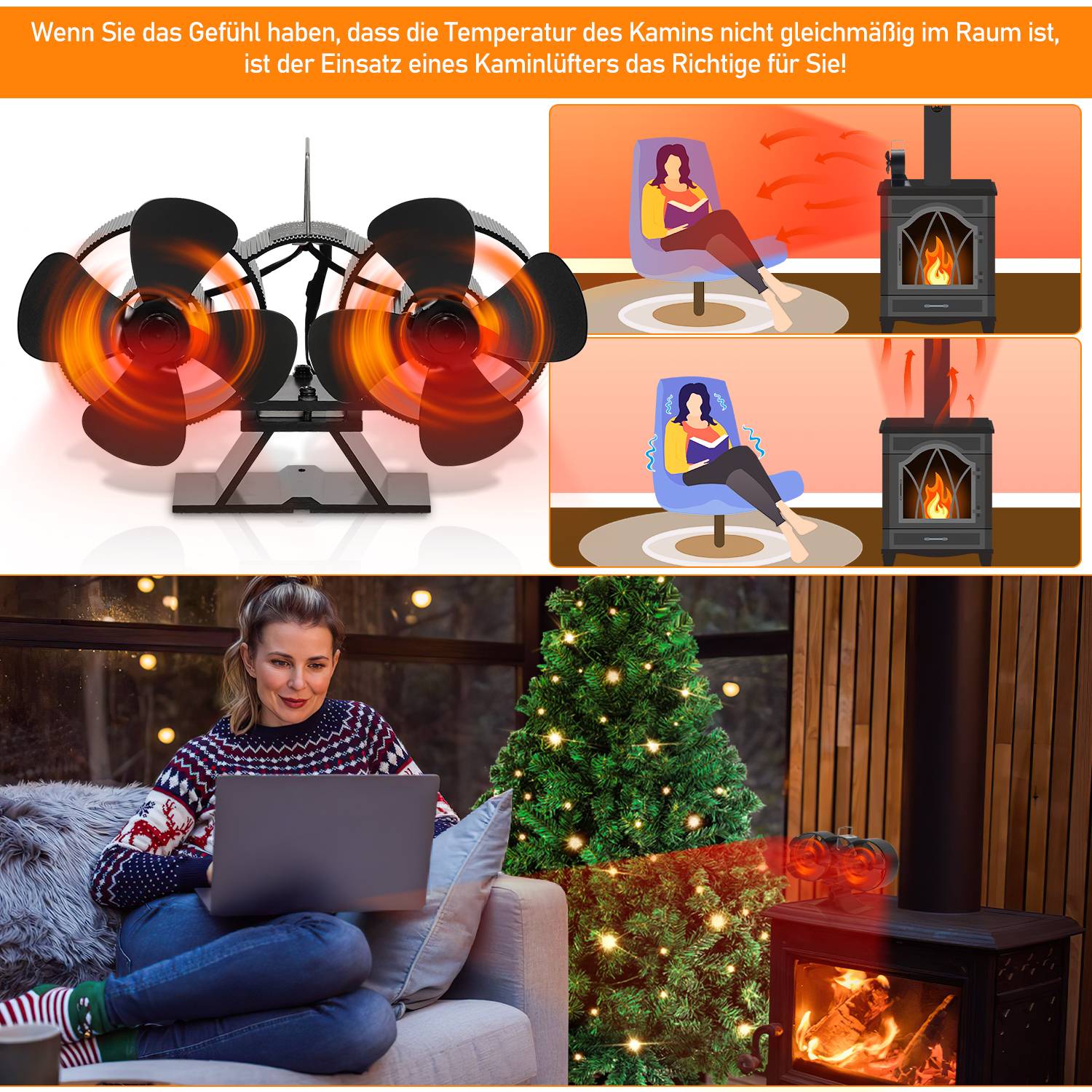 Kaminofen Ventilator 8 Flügel Gebläse für Ofen Kaminventilator stromlos wärmebetrieben
