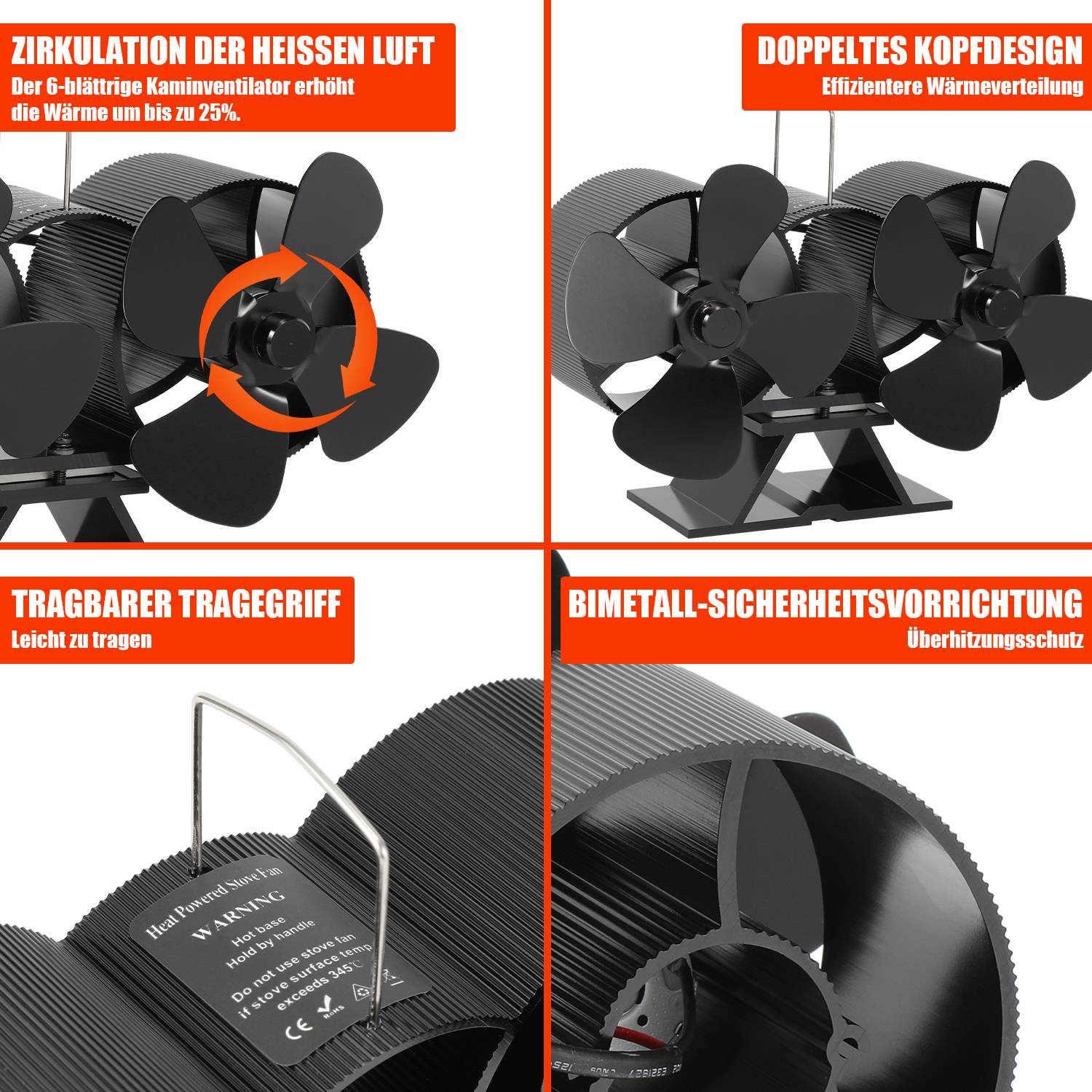 8 Blätter Kaminofen Ventilator Ofenventilator Gebläse Lüfter Stromloser Kaminventilator