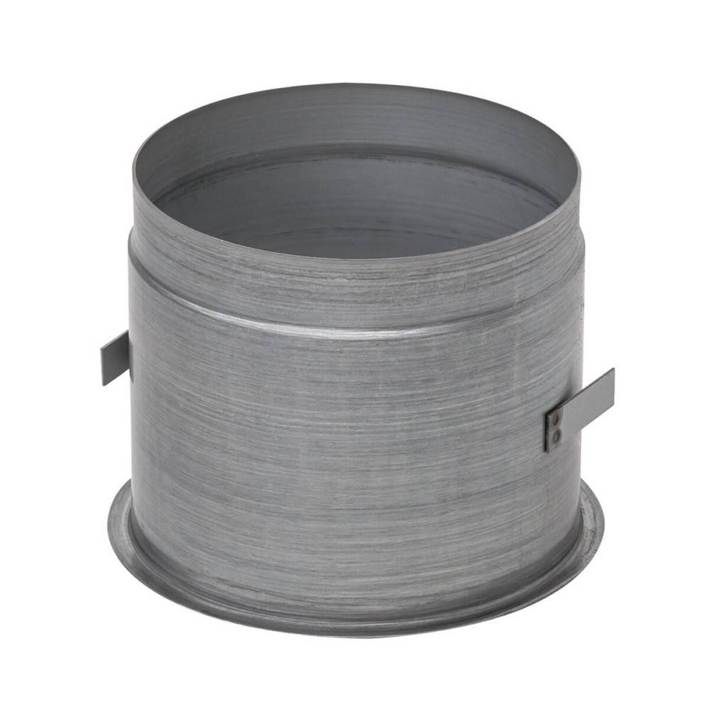 Ein verzinkter Stahlmetall-Lüftungskanal-Verbinder mit runder Form und aufgeweiteten Enden zum Verbinden von Lüftungskanalabschnitten in HVAC-Systemen.