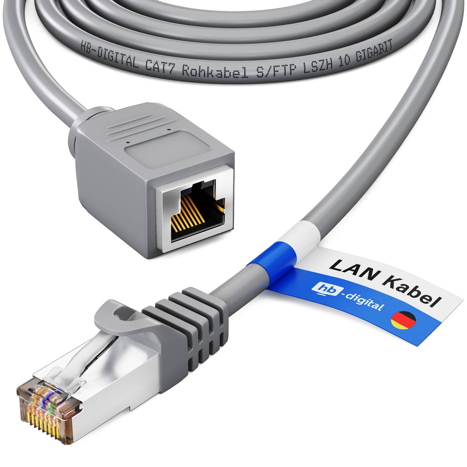 Graues Ethernet-Kabel mit RJ45-Steckern und 'LAN Kabel'-Etikett; ein Stecker wird in Nahaufnahme für die Netzwerknutzung gezeigt.