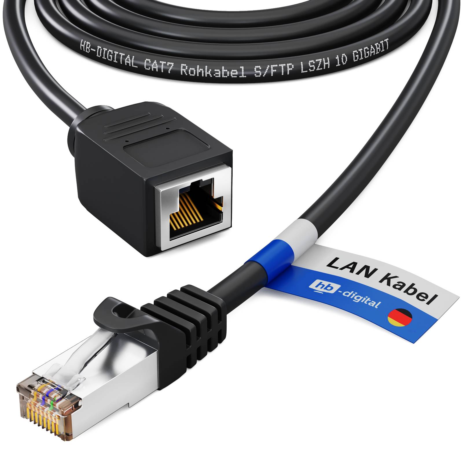 Schwarzes Ethernet-Kabel mit RJ45-Stecker und Kupplung, gekennzeichnet mit „CAT7