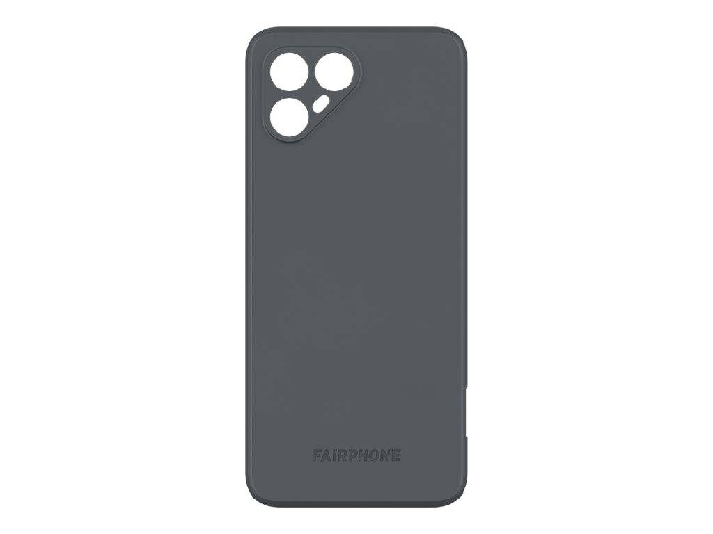 Dunkelgraue Smartphone-Schutzhülle mit dreifachem Kamera-Ausschnitt oben links und „FAIRPHONE