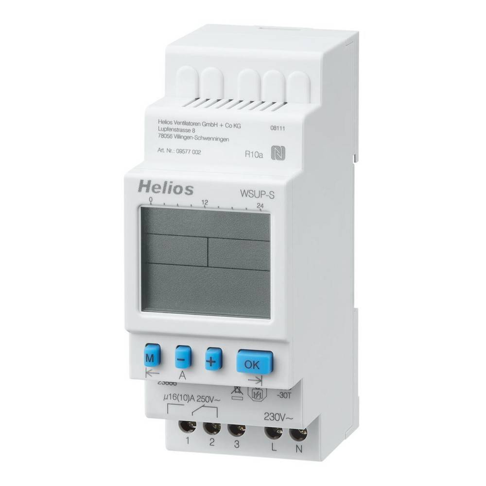 Digitaler elektrischer Energiezähler mit Anzeigebildschirm und Tasten, beschriftet mit 'Helios WSUP-S'. Verwendet zur Messung des Stromverbrauchs.