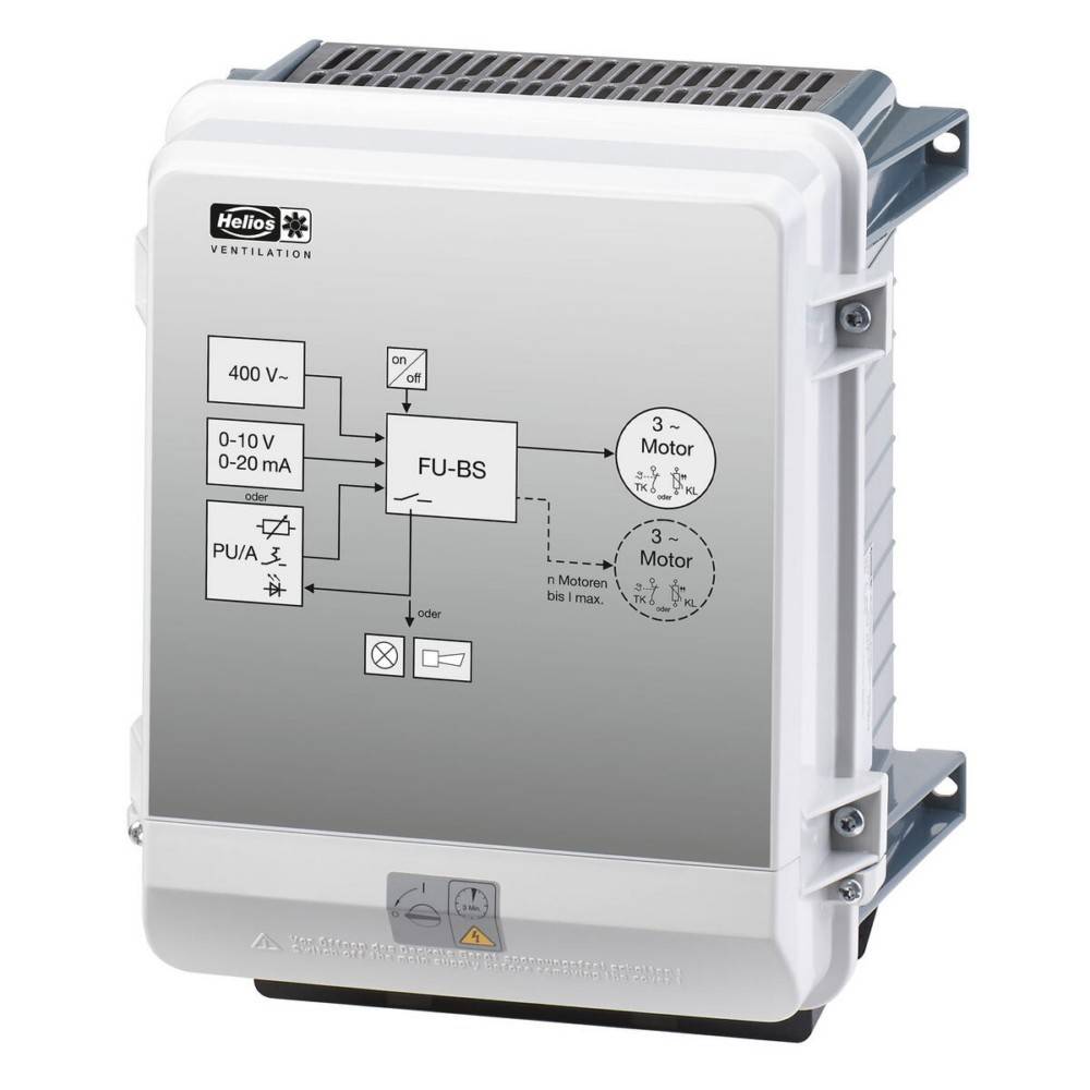 Eine Steuereinheit für Lüftungsanlagen mit einem Schaltplan, der Ein- und Ausgänge beschriftet und eine Verbindung zu einem Motor mit 400V zeigt.